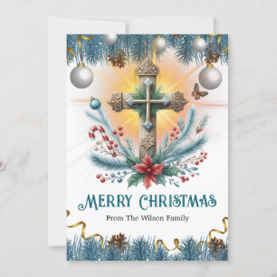 Tarjeta Festiva Cruza con canes de candy y Poinsettia, Navidades