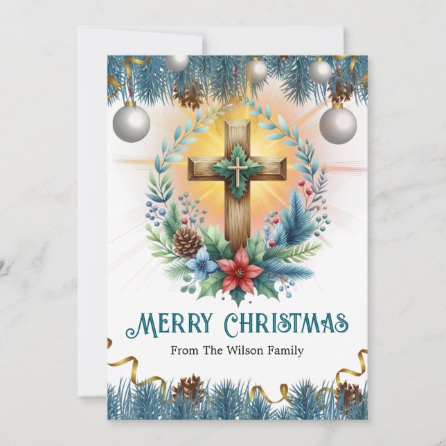 Tarjeta Festiva Cruzar con acentos azules y pineconas, Navidades (Anverso)