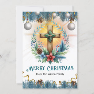 Tarjeta Festiva Cruzar con acentos azules y pineconas, Navidades