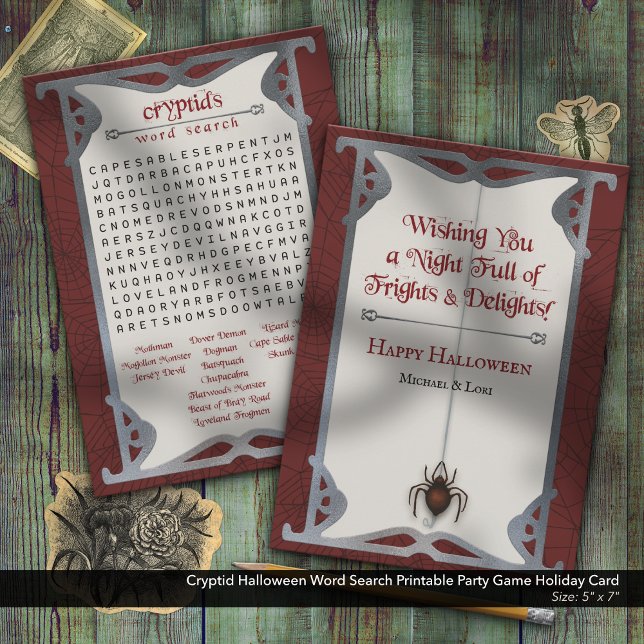 Tarjeta Festiva Cryptid Halloween Búsqueda de palabras Juego de Fi (Cryptid Halloween Word Search–Printable Holiday Party Activity)