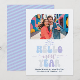 Tarjeta Festiva Crystal Glow Hello New Year Blue Retro Photo