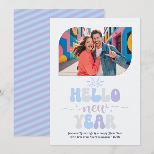 Tarjeta Festiva Crystal Glow Hello New Year Blue Retro Photo (Anverso / Reverso)