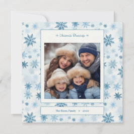 Tarjeta Festiva Cuadrado Copo de Nieve Azul Foto Familiar Acuarela