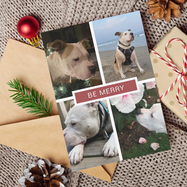 Tarjeta Festiva Cuadrícula moderna de 4 fotos plana (Modern 4 Photos Grid Flat Holiday Card)