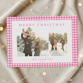 Tarjeta Festiva Cuadro de Gingham Rosa Dos Fotos