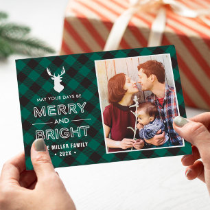 Tarjeta Festiva Cuadro de Plaid de Búfalo Verde Alegre y Brillante