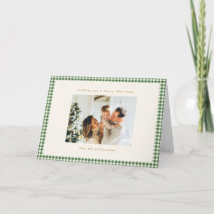 Tarjeta Festiva Cuadros de Gingham Verde Personalizados con Foto N