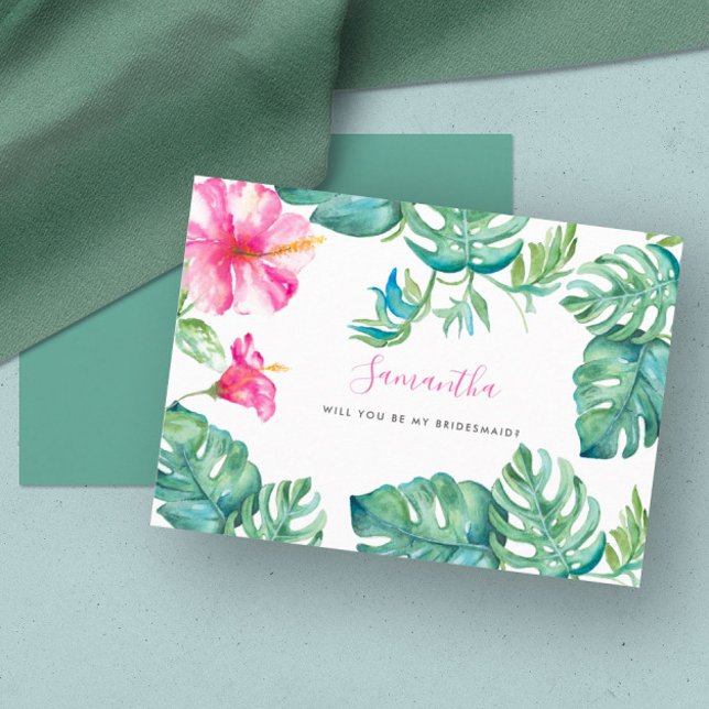 Tarjeta Festiva Cuadros Tropical Floral para la dama de honor (floral bridesmaid cards tropical pink flowers palm leaves destination wedding Victoria Grigaliunas)