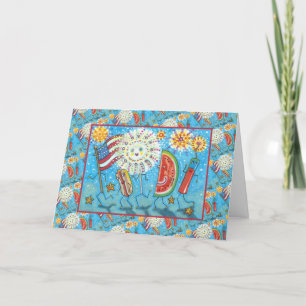 TARJETA FESTIVA CUARTO DE JULIO GANGA, DESFILE Y FUEGOS ARTIFICIAL