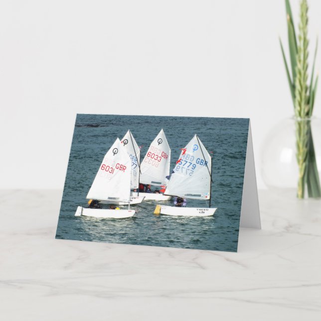 Tarjeta Festiva Cuatro barcos de vela Optimist (Anverso)