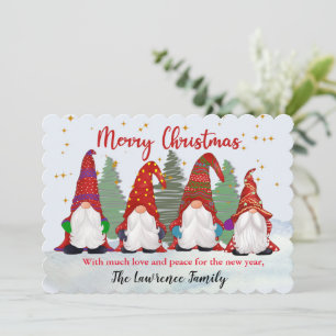 Tarjeta Festiva Cuatro gnomos en la nieve para los Navidades