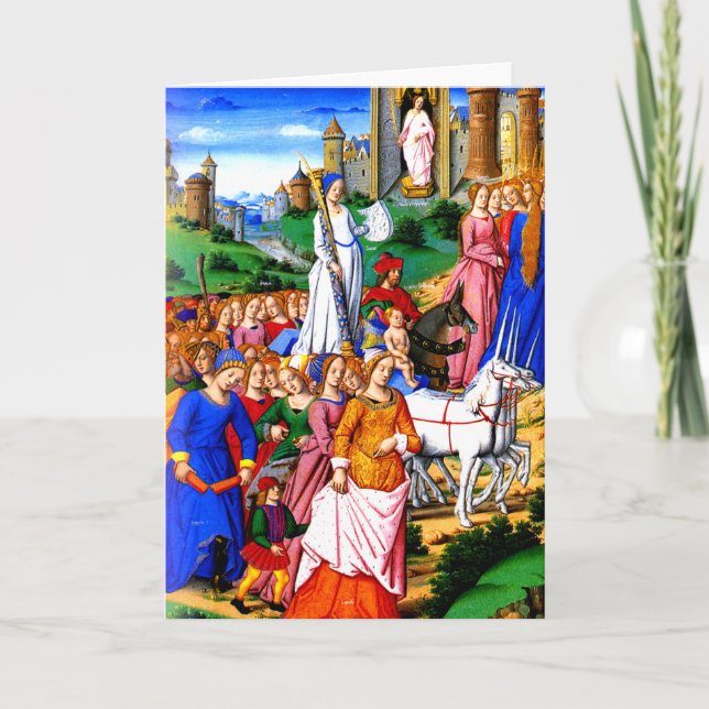 Tarjeta Festiva "Cuatro Unicornios lideran la procesión" (Anverso)