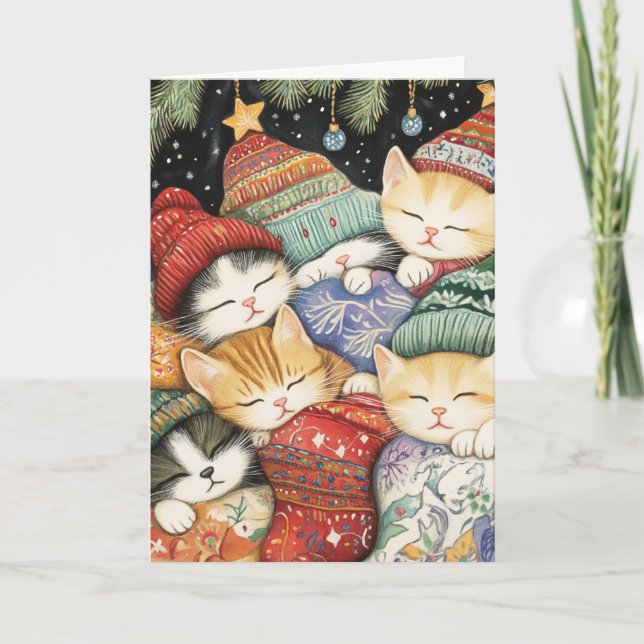 Tarjeta Festiva Cuddly Christmas Kittens Under the Tree Card (Anverso)