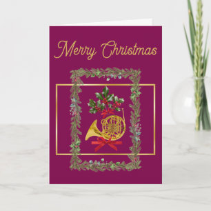Tarjeta Festiva Cuerno Francés Navideño Elegante Púrpura