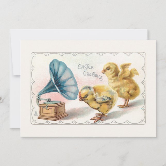 Tarjeta Festiva Cuestas de chichas de Pascua con gramófono (Anverso)