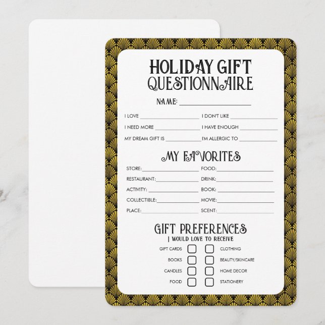 Tarjeta Festiva Cuestionario de regalo de vacaciones de Art Deco (Anverso / Reverso)