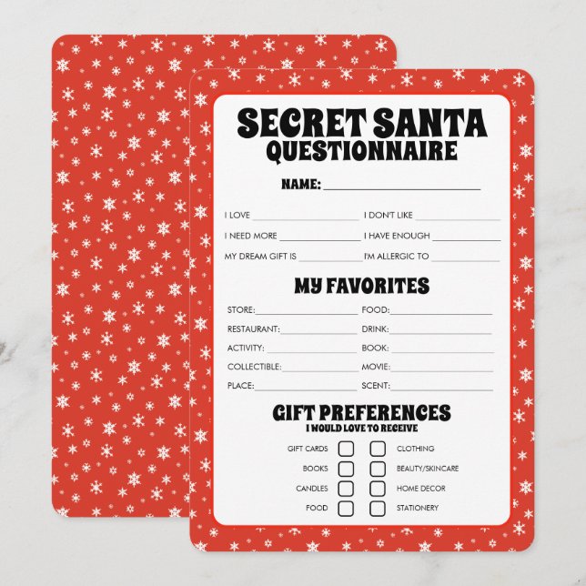 Tarjeta Festiva Cuestionario secreto de regalo de Santa Claus (Anverso / Reverso)