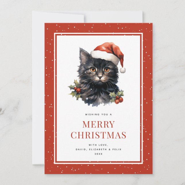 Tarjeta Festiva Cuidada acuarela Black Cat Merry Christmas Card (Anverso)