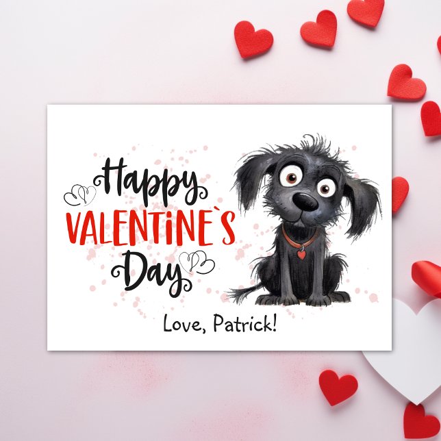 Tarjeta Festiva Cuidada acuarela Black Puppy Feliz San Valentín (Cute Watercolor Black Puppy Happy Valentines Holiday Card - Cute Cartoon Black Puppy, Printable)