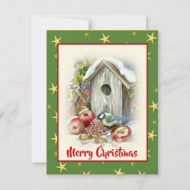 Tarjeta Festiva Cuidada acuarela Merry Christmas Bird Snow Stars