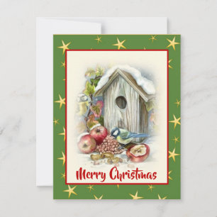 Tarjeta Festiva Cuidada acuarela Merry Christmas Bird Snow Stars