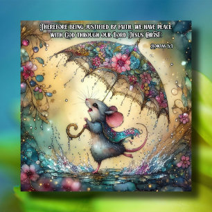 Tarjeta Festiva Cuidada acuarela Ratón Lluvia Paraguas Pascua