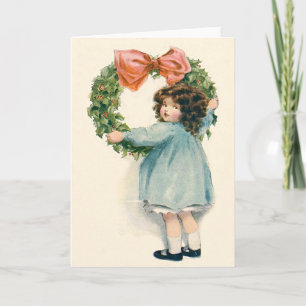 Tarjeta Festiva Cuidada Niña Holly Wreath Pink Bow