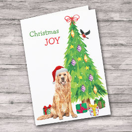 Tarjeta Festiva Cuidada Santa Golden Retriever y el árbol de Navid