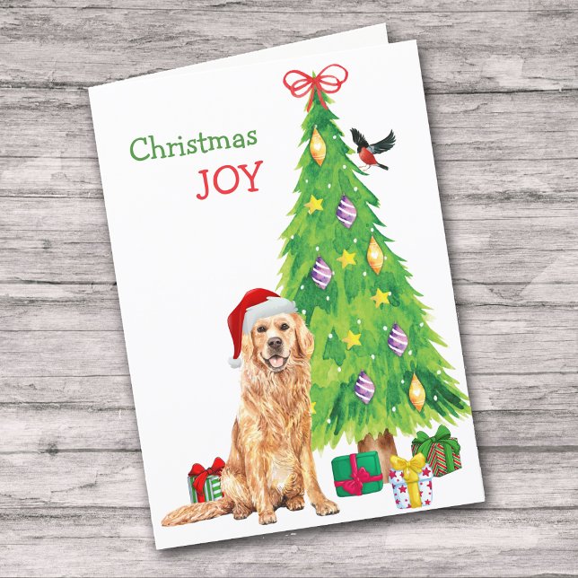Tarjeta Festiva Cuidada Santa Golden Retriever y el árbol de Navid (Subido por el creador)