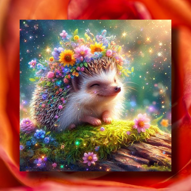 Tarjeta Festiva Cuidado Hedgehog Con Flor Tierra De Oro Pascua (Subido por el creador)