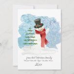 Tarjeta Festiva Cuidado Snowman Top Hat Merry Christmas Script Pho<br><div class="desc">"Cute Retro Snowman con sombrero superior con decoración holly y guión navideño en una tarjeta de festividad fotográfica con la fotografía de tu familia". Un muñeco de nieve de color acuático de estilo dulce, retro de los años 50 o 60 con un árbol de plumas y una bufanda sobre un...</div>