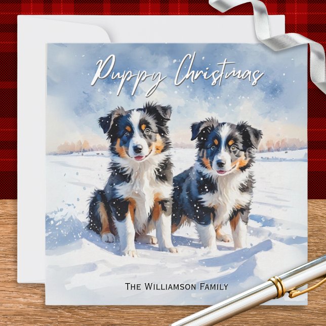 Tarjeta Festiva Cuidados Collie Fronterizos En Navidades De Cachor (A personalized Christmas card with illustration of two cute border collie puppies in the winter snow)