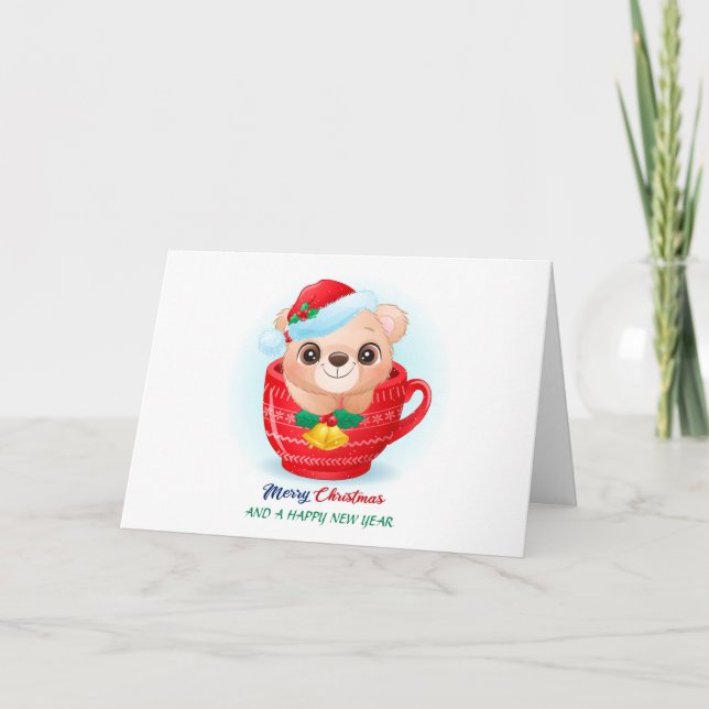 Tarjeta Festiva Cuidados Navidades acuarela Bear Santa Hat (Anverso)