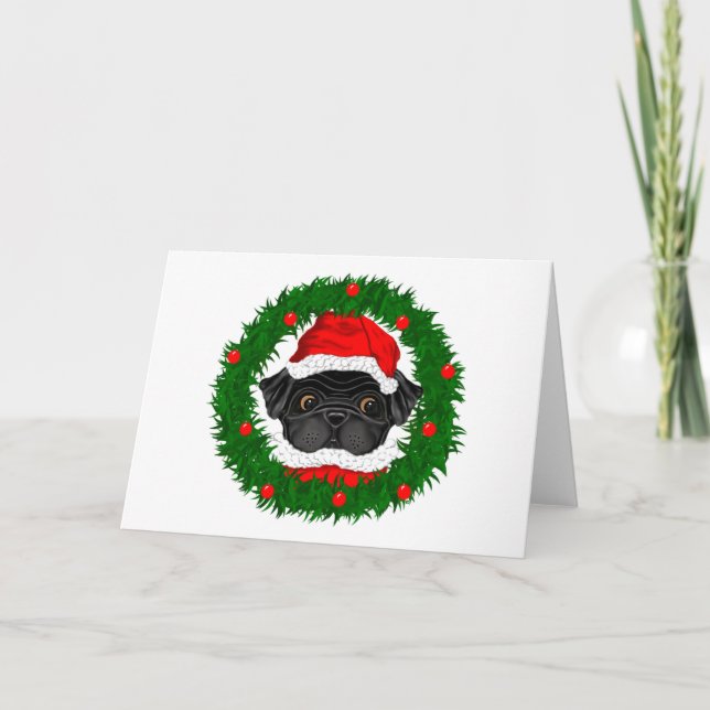 Tarjeta Festiva Cuidados Navidades Black Pug Santa en guirnalda (Anverso)