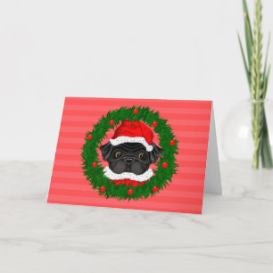 Tarjeta Festiva Cuidados Navidades Black Pug Santa en rojo de cora