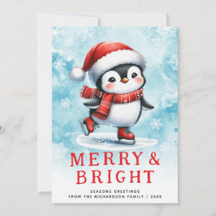Tarjeta Festiva Cuidados Navidades Pingüino de Patinaje Hielo Bril
