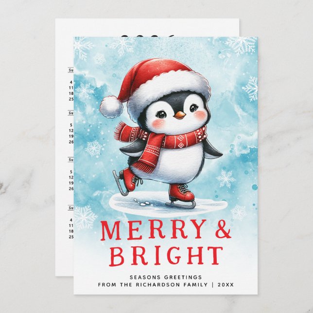 Tarjeta Festiva Cuidados Navidades Pingüino de Patinaje Hielo Bril (Anverso / Reverso)
