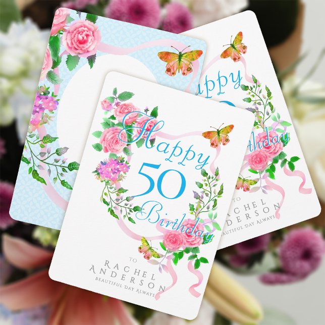 Tarjeta Festiva Cumpleaños con cinta de rosa rosa (Chic Romantic Pink Rose Ribbon Happy Birthday Card.)