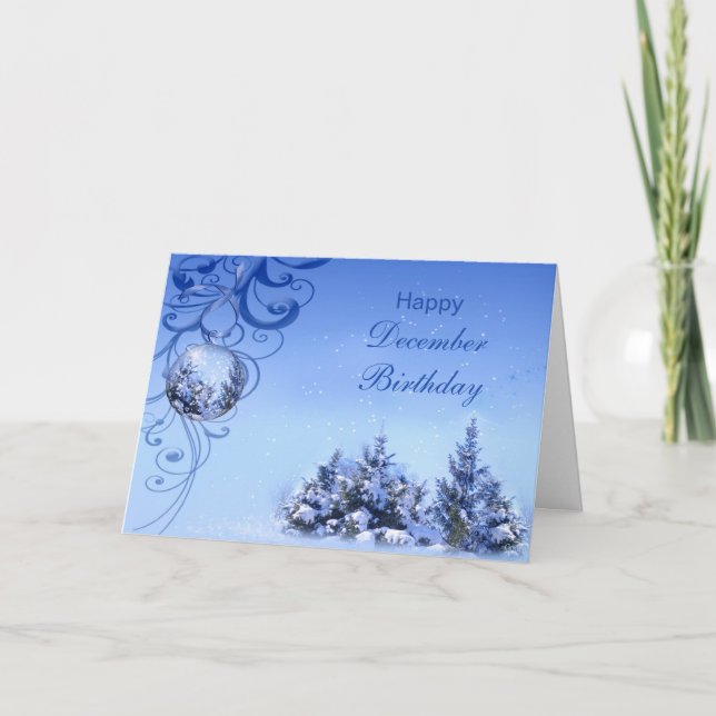 Tarjeta Festiva Cumpleaños de diciembre, abetos nevados y baudible (Anverso)