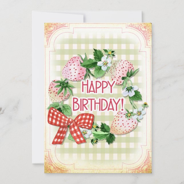 Tarjeta Festiva Cumpleaños de fresa, Pine Berries, Rosa, Wreath (Anverso)