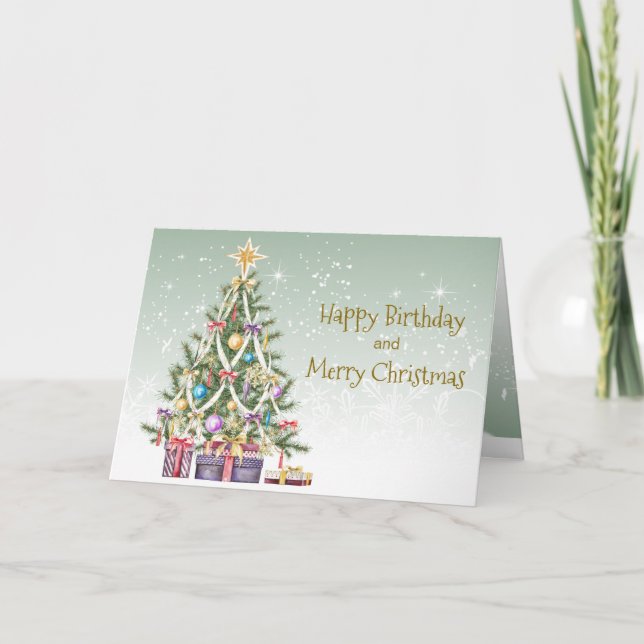 Tarjeta Festiva Cumpleaños de los navidades, árbol con baubles, re (Anverso)