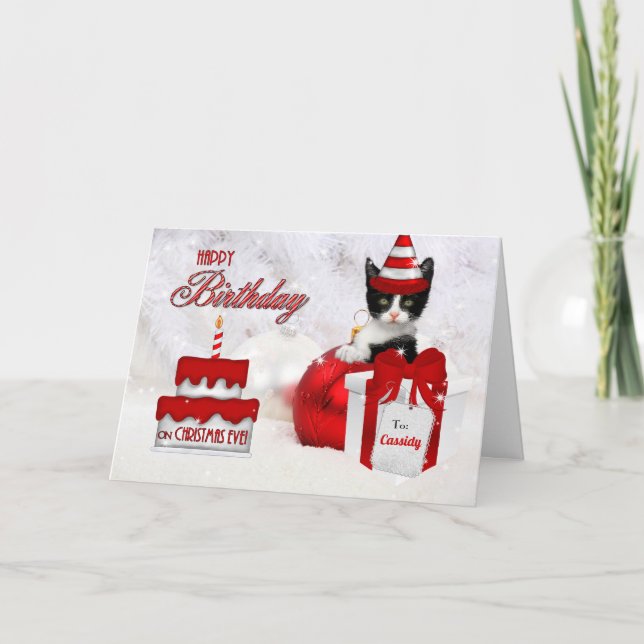 Tarjeta Festiva Cumpleaños de los Navidades: Gato y Pastel (Anverso)