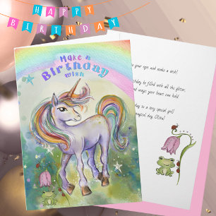 Tarjeta Festiva Cumpleaños de niñas con unicornio luna acuarela ca
