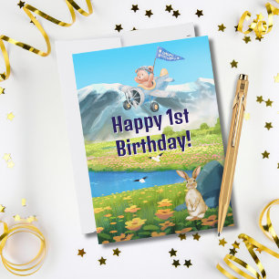 Tarjeta Festiva Cumpleaños de Niño con Oso de Peluche en Avión sob