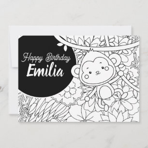 Tarjeta Festiva Cumpleaños de niños monos Floral para colorear