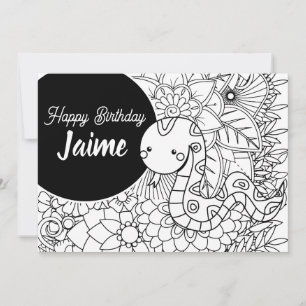 Tarjeta Festiva Cumpleaños de niños serpiente Floral para colorear