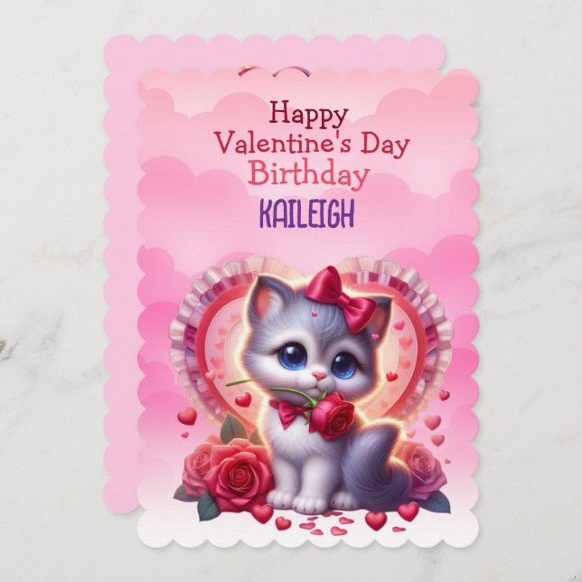 Tarjeta Festiva Cumpleaños de San Valentín Corazón de Gatito (Anverso / Reverso)