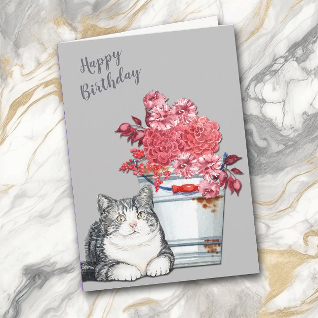 Tarjeta Festiva Cumpleaños de un gato y un Bouquet rosado (Subido por el creador)