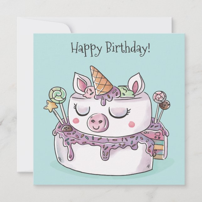 Tarjeta Festiva Cumpleaños de Unicorn Cake Happy (Anverso)