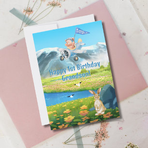Tarjeta Festiva Cumpleaños del Primer Niño Oso de Peluche Avión Ni